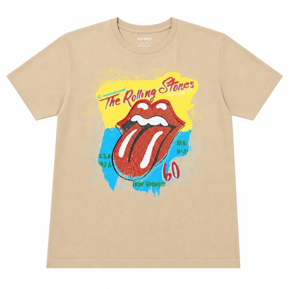 Rolling Stones Graphic T-Shirt Mens XL Tan Beige Rock Band Tongue Logo